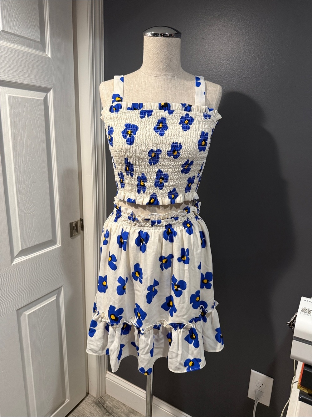 Smocked Floral Two-Piece skirt Set in White and Blue